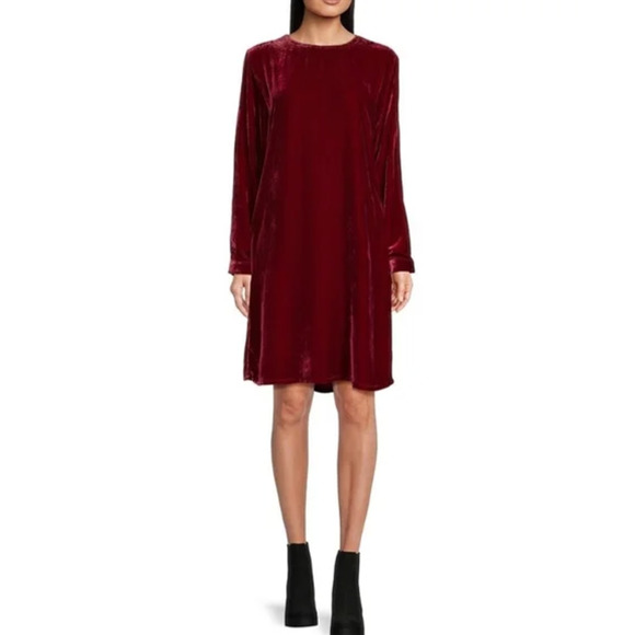 Eileen Fisher Velvet Dress Long Sleeve Silk Viscose Party Red Relaxed XXS NWT - Picture 3 of 14